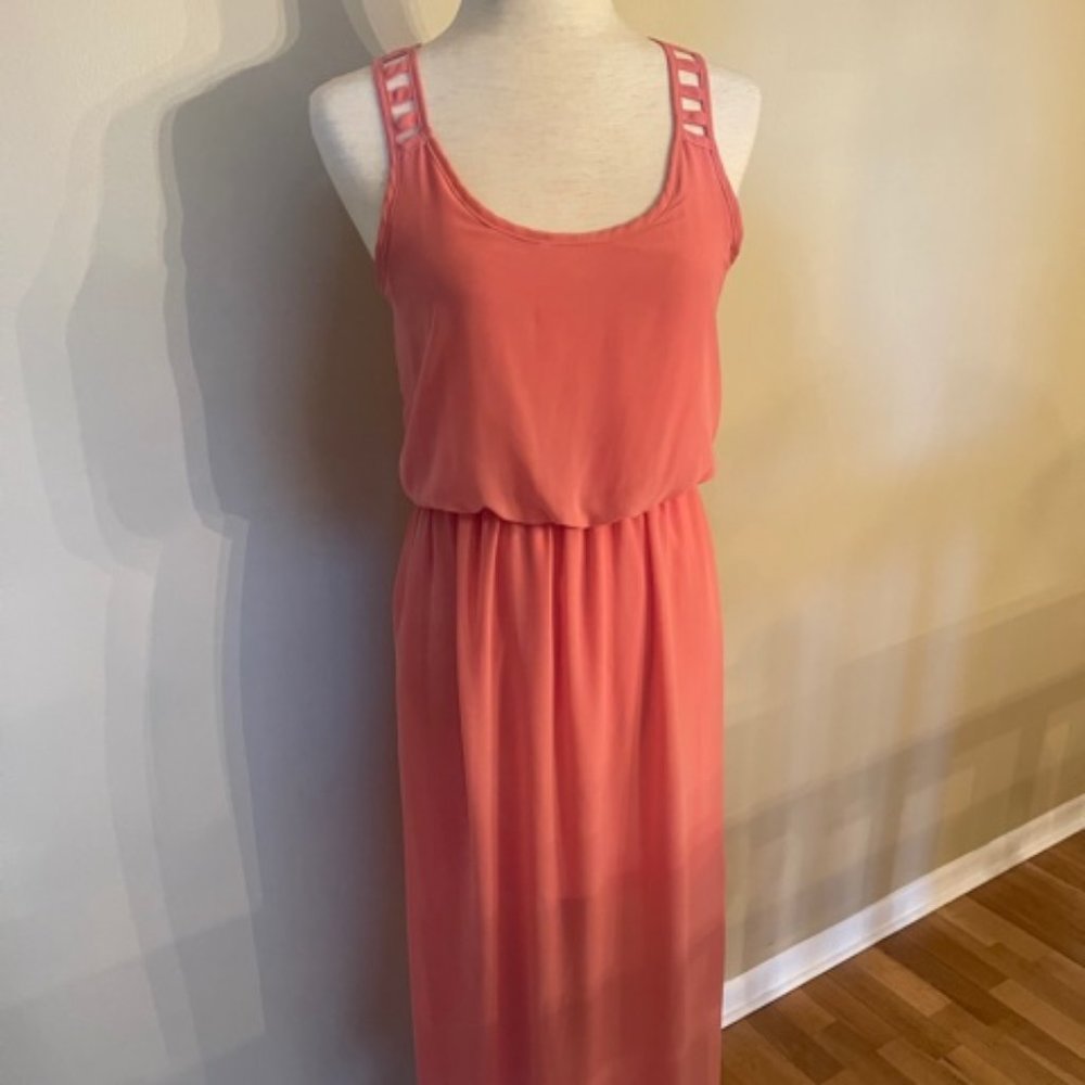 Peach colored full length dress